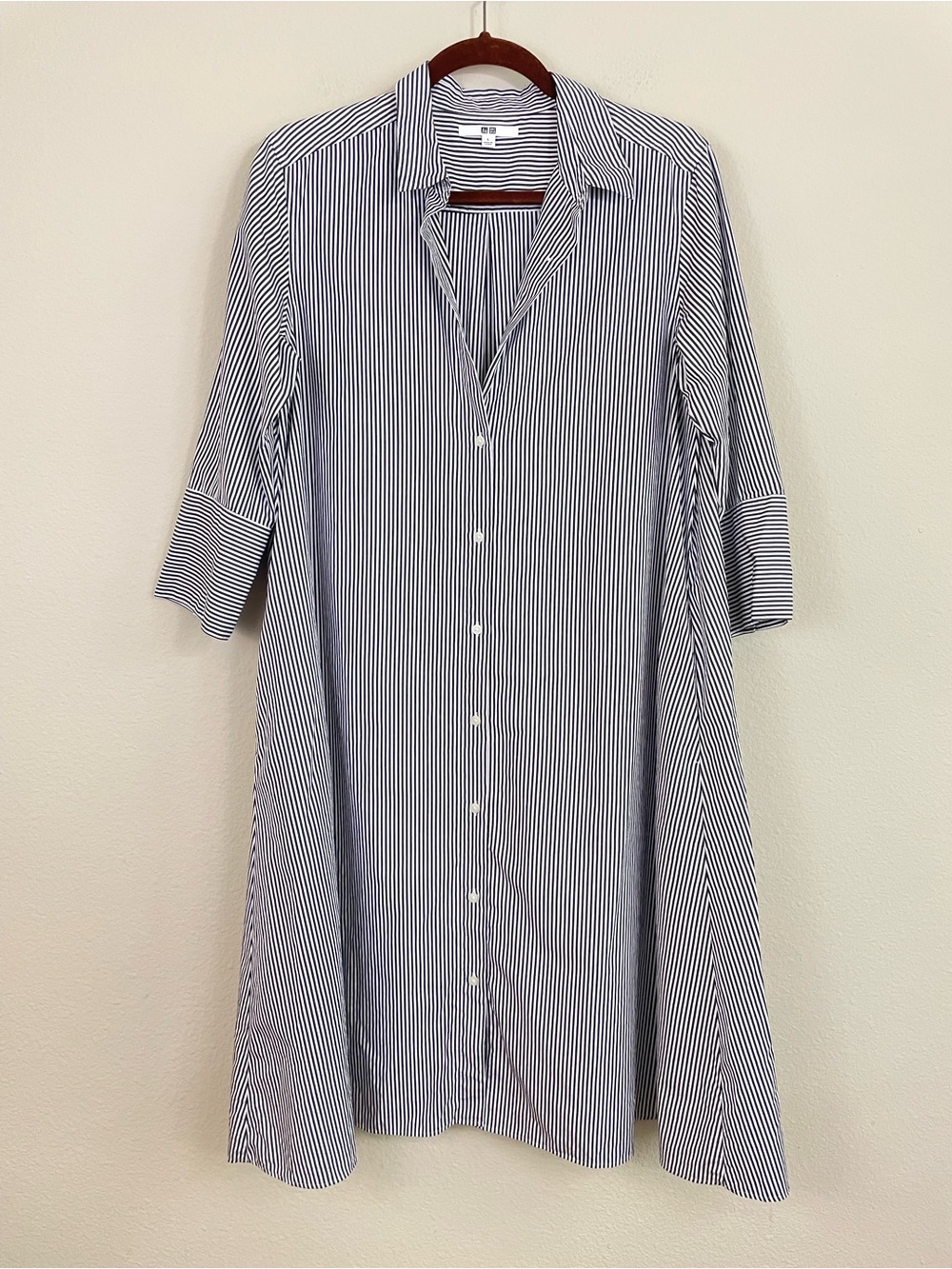 Uniqlo Black and White Striped cotton Shirt Midi Dress A Line Size Large Classic